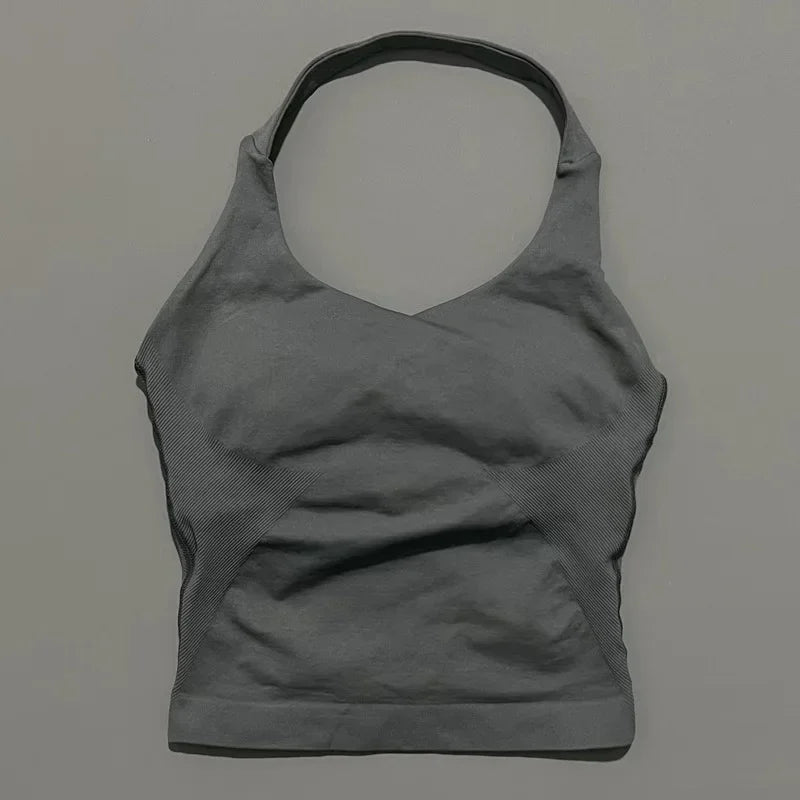 Prenda Superior Deportiva de Cuello Halter para Mujer, Camiseta de Tirantes Sin Costuras para Yoga con Almohadillas Integradas (Relleno), Ropa Deportiva Ajustada de Alta Elasticidad para Entrenamiento en Gimnasio, Fitness y C