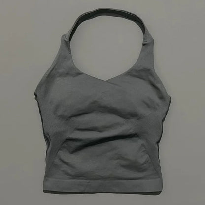 Prenda Superior Deportiva de Cuello Halter para Mujer, Camiseta de Tirantes Sin Costuras para Yoga con Almohadillas Integradas (Relleno), Ropa Deportiva Ajustada de Alta Elasticidad para Entrenamiento en Gimnasio, Fitness y C
