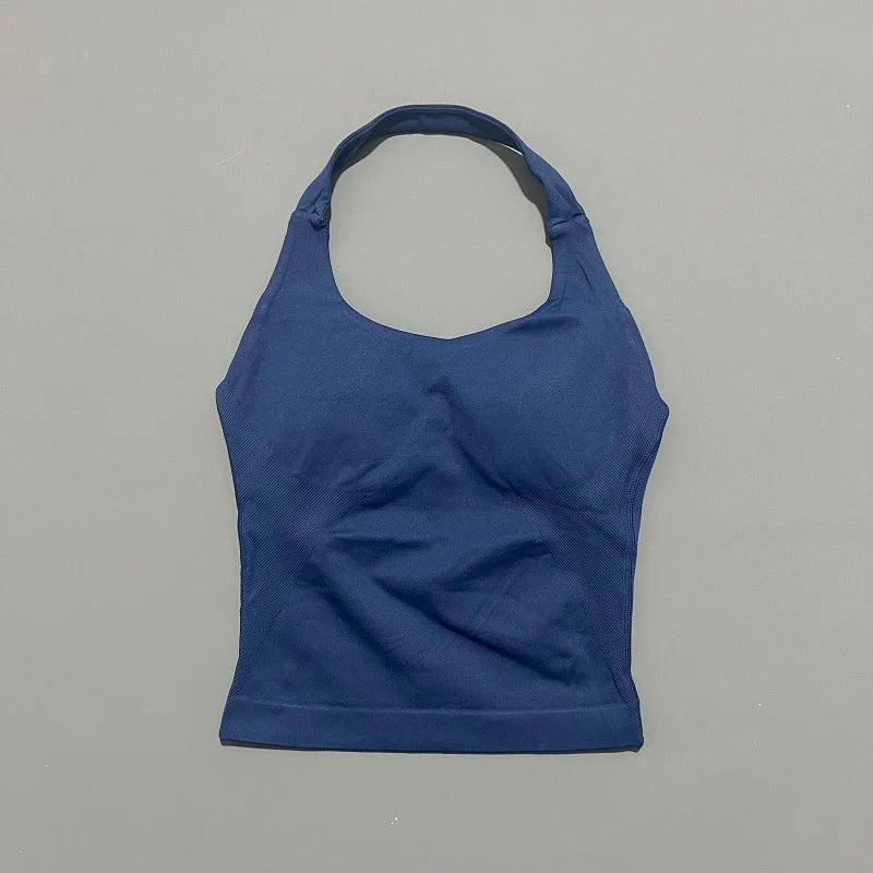 Prenda Superior Deportiva de Cuello Halter para Mujer, Camiseta de Tirantes Sin Costuras para Yoga con Almohadillas Integradas (Relleno), Ropa Deportiva Ajustada de Alta Elasticidad para Entrenamiento en Gimnasio, Fitness y C