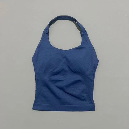 Prenda Superior Deportiva de Cuello Halter para Mujer, Camiseta de Tirantes Sin Costuras para Yoga con Almohadillas Integradas (Relleno), Ropa Deportiva Ajustada de Alta Elasticidad para Entrenamiento en Gimnasio, Fitness y C
