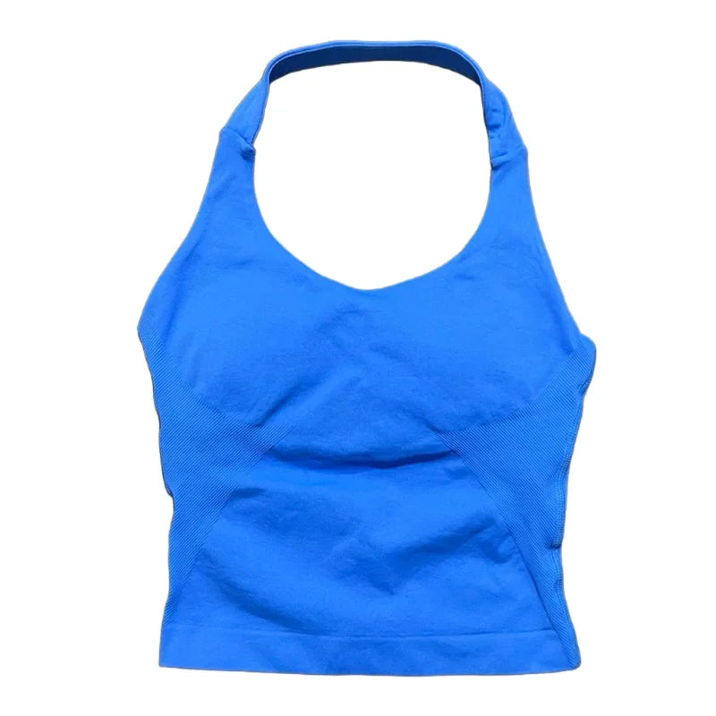 Prenda Superior Deportiva de Cuello Halter para Mujer, Camiseta de Tirantes Sin Costuras para Yoga con Almohadillas Integradas (Relleno), Ropa Deportiva Ajustada de Alta Elasticidad para Entrenamiento en Gimnasio, Fitness y C