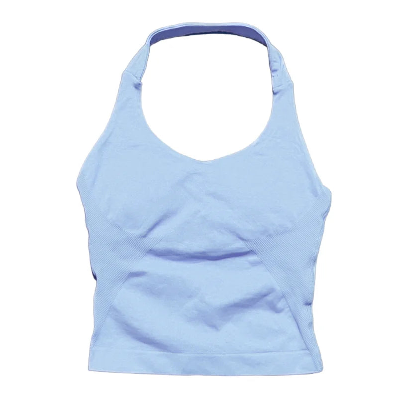 Prenda Superior Deportiva de Cuello Halter para Mujer, Camiseta de Tirantes Sin Costuras para Yoga con Almohadillas Integradas (Relleno), Ropa Deportiva Ajustada de Alta Elasticidad para Entrenamiento en Gimnasio, Fitness y C