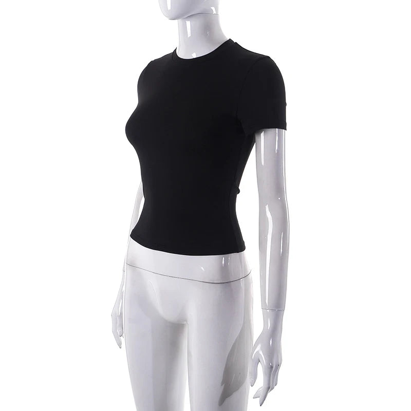 Nueva Camiseta de Manga Corta para Mujer Primavera 2024, Camiseta Corta (Crop Top) Básica, Suave, Sencilla, Casual y Fácil de Combinar, Moda de Verano de Color Liso