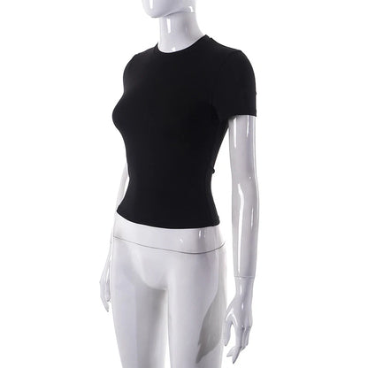 Nueva Camiseta de Manga Corta para Mujer Primavera 2024, Camiseta Corta (Crop Top) Básica, Suave, Sencilla, Casual y Fácil de Combinar, Moda de Verano de Color Liso